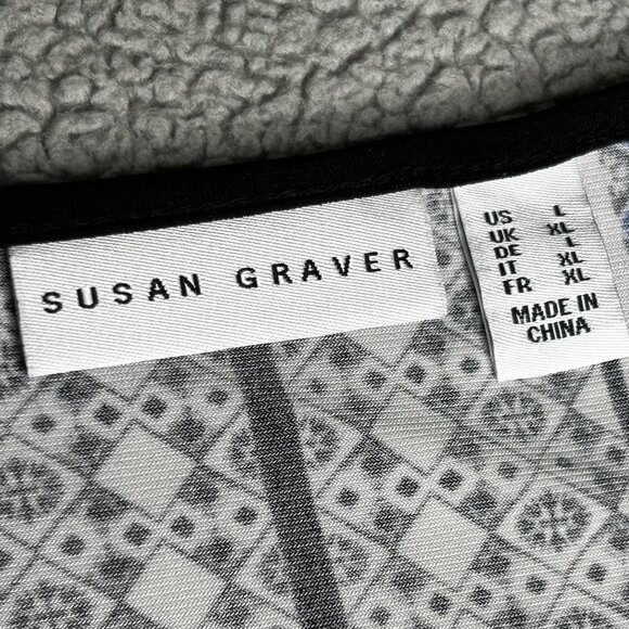 Susan Graver Shirt Womens Large Black Blue Liquid Knit Geometric Print Stretch - Picture 4 of 11